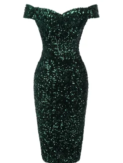 Hot Retro Stage Green 1960s Sequins Off-Shoulder Pencil Dress Dark Green