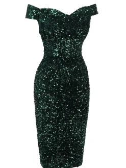 Hot Retro Stage Green 1960s Sequins Off-Shoulder Pencil Dress Dark Green