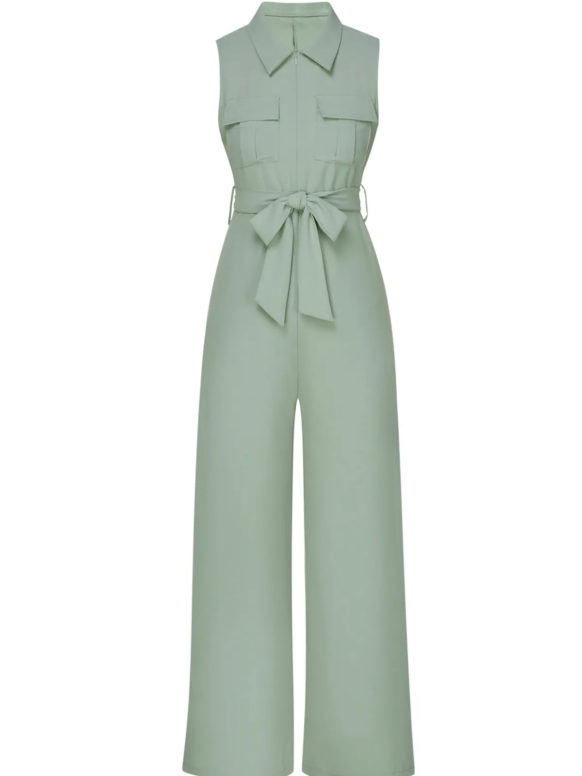 Clearance Retro Stage 1930s Shirt Collar Belted Jumpsuit Green