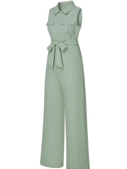 Clearance Retro Stage 1930s Shirt Collar Belted Jumpsuit Green