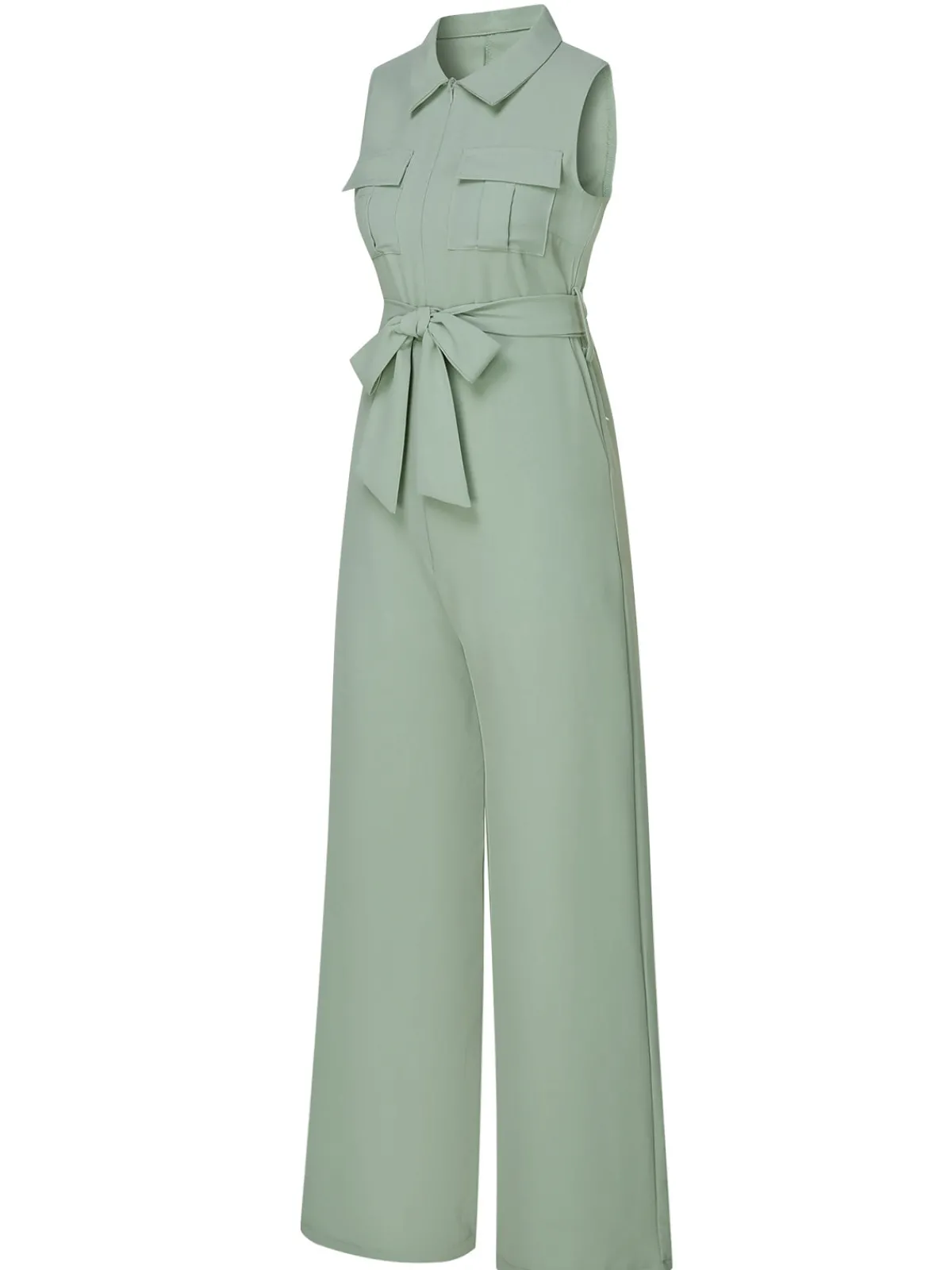 Clearance Retro Stage 1930s Shirt Collar Belted Jumpsuit Green