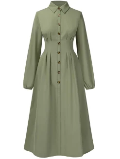 New Retro Stage 1940s Shirt Neck Long Sleeve Solid Dress Green