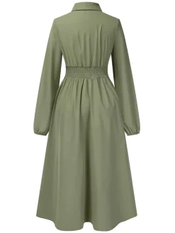 New Retro Stage 1940s Shirt Neck Long Sleeve Solid Dress Green