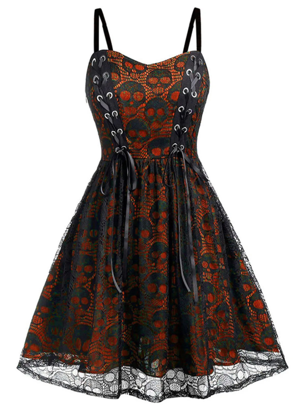 New Retro Stage Green 1980s Skull Pattern Gothic Style Dress