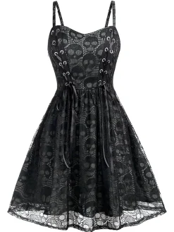 New Retro Stage Green 1980s Skull Pattern Gothic Style Dress