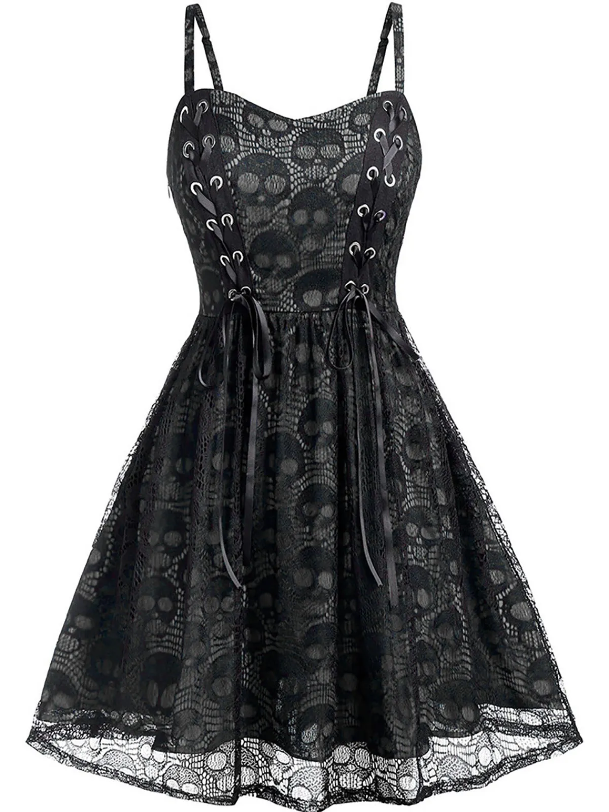 New Retro Stage Green 1980s Skull Pattern Gothic Style Dress