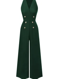 Discount Retro Stage Green 1950s Sleeveless Buttoned Solid Jumpsuit