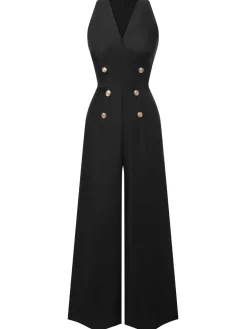 Discount Retro Stage Green 1950s Sleeveless Buttoned Solid Jumpsuit
