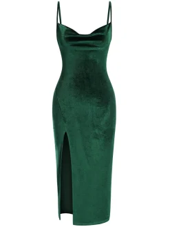 Best Retro Stage 1960s Slit Suspender Velvet Dress Green
