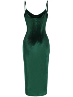 Best Retro Stage 1960s Slit Suspender Velvet Dress Green