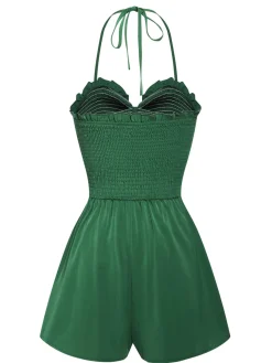 New Retro Stage 1960s Smocked Sweetheart Neck Halter Romper Green