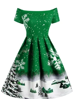 Outlet Retro Stage 1950s Snowfall Off Shoulder Dress Green