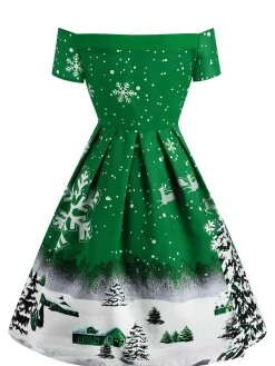 Outlet Retro Stage 1950s Snowfall Off Shoulder Dress Green