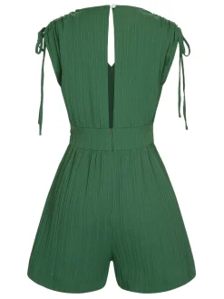 Fashion Retro Stage 1950s Solid Belt V-Neck Romper Green