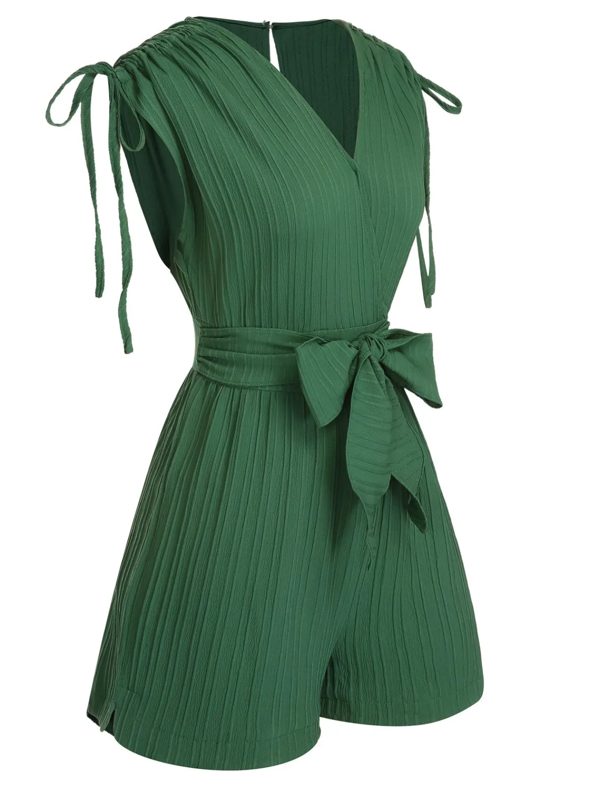 Fashion Retro Stage 1950s Solid Belt V-Neck Romper Green