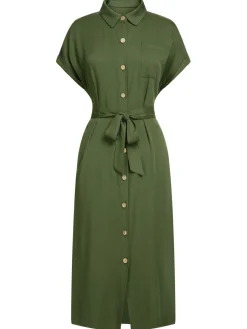 Clearance Retro Stage 1940s Solid Belted Slit Dress Green