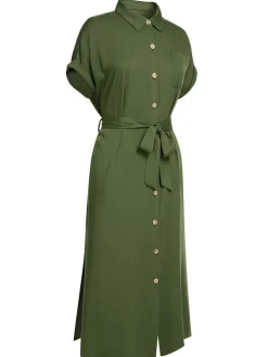 Clearance Retro Stage 1940s Solid Belted Slit Dress Green