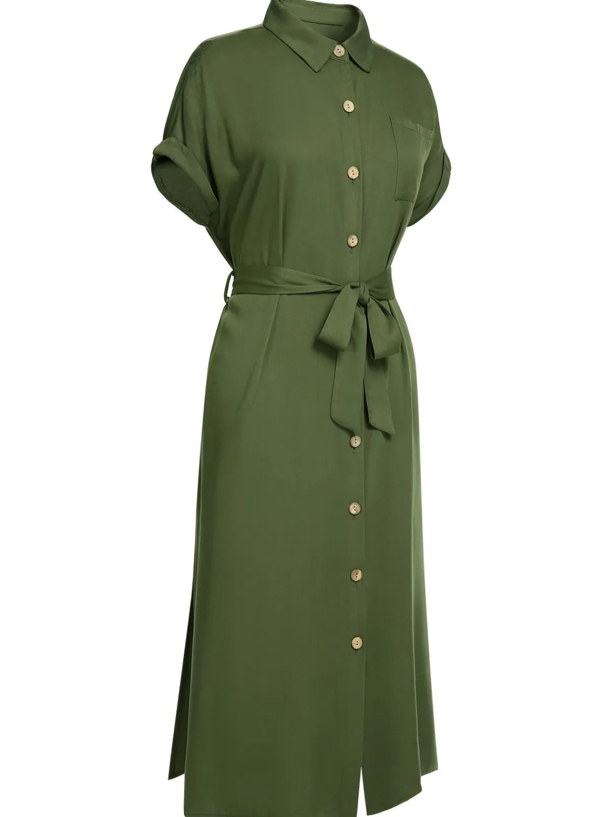 Clearance Retro Stage 1940s Solid Belted Slit Dress Green