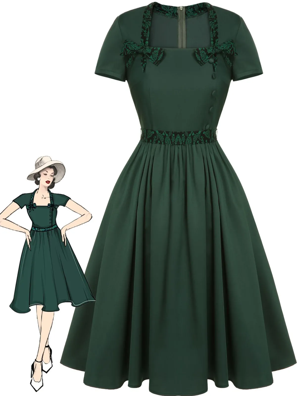 Clearance Retro Stage 1950s Solid Bow Square Collar Dress Green