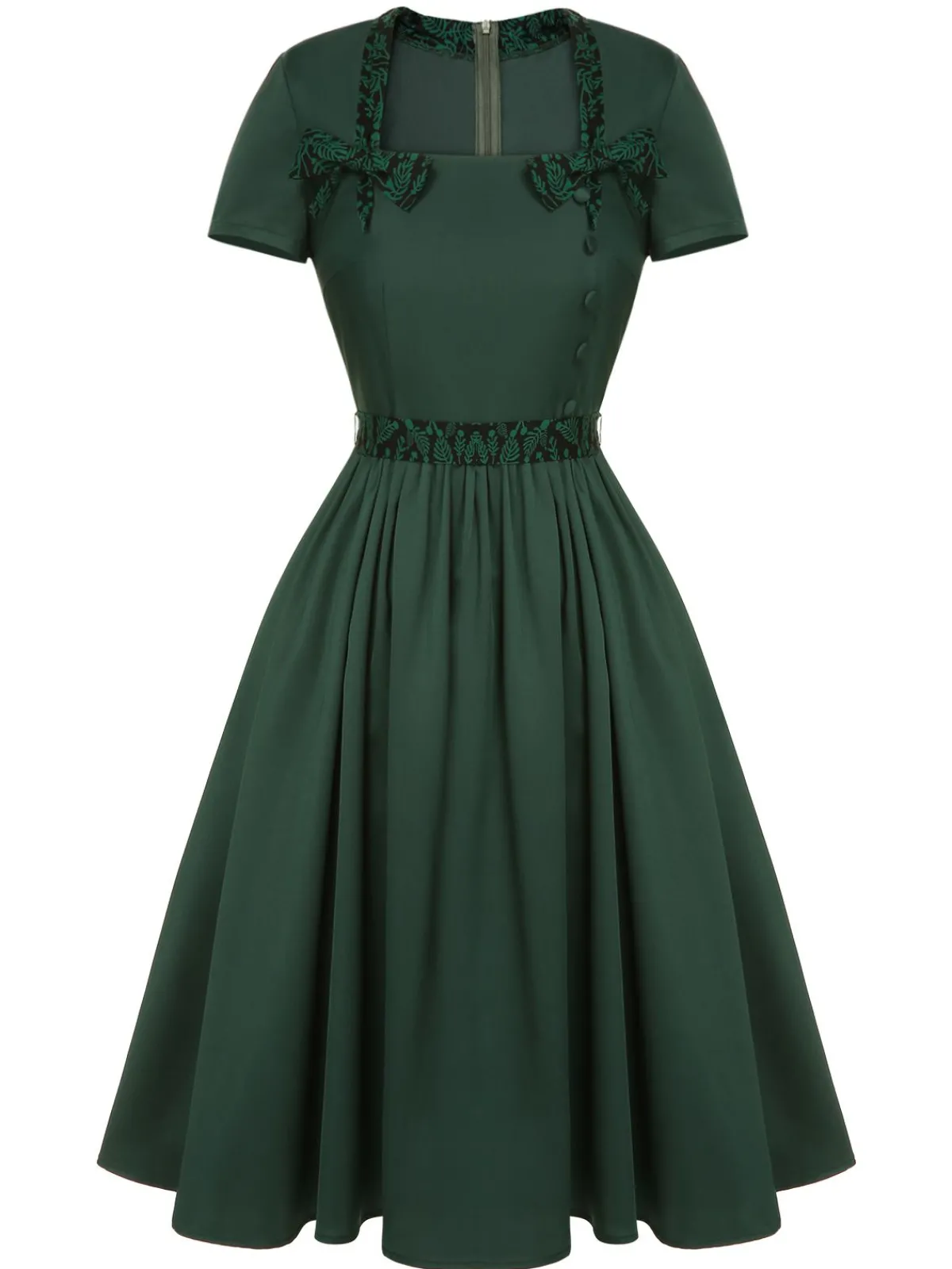 Clearance Retro Stage 1950s Solid Bow Square Collar Dress Green