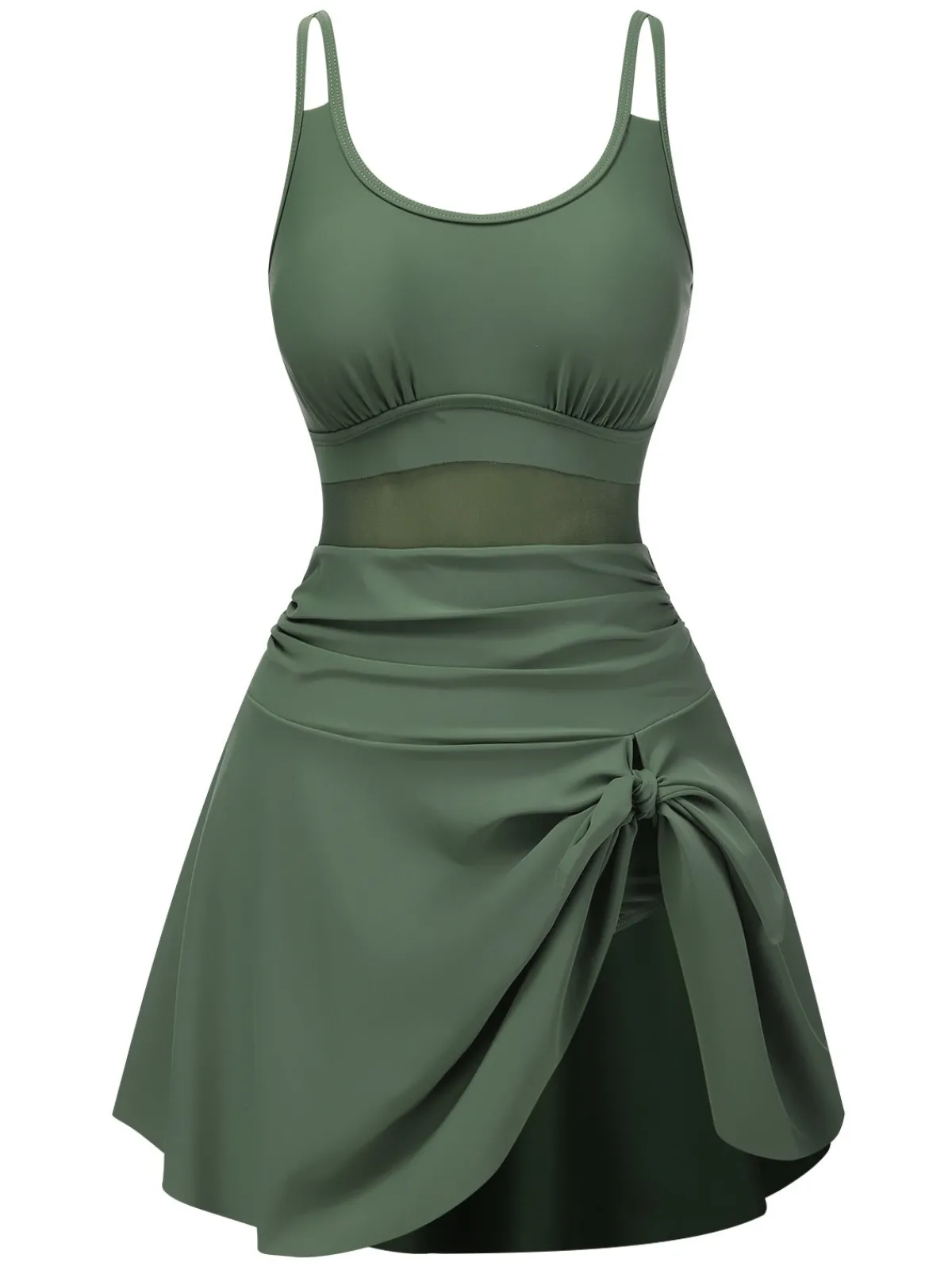 Hot Retro Stage 1930s Solid Bow Straps Swim Dress Green