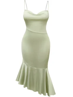 Discount Retro Stage Green 1930s Solid Cowl Neck Ruffled Mermaid Dress Pale Green