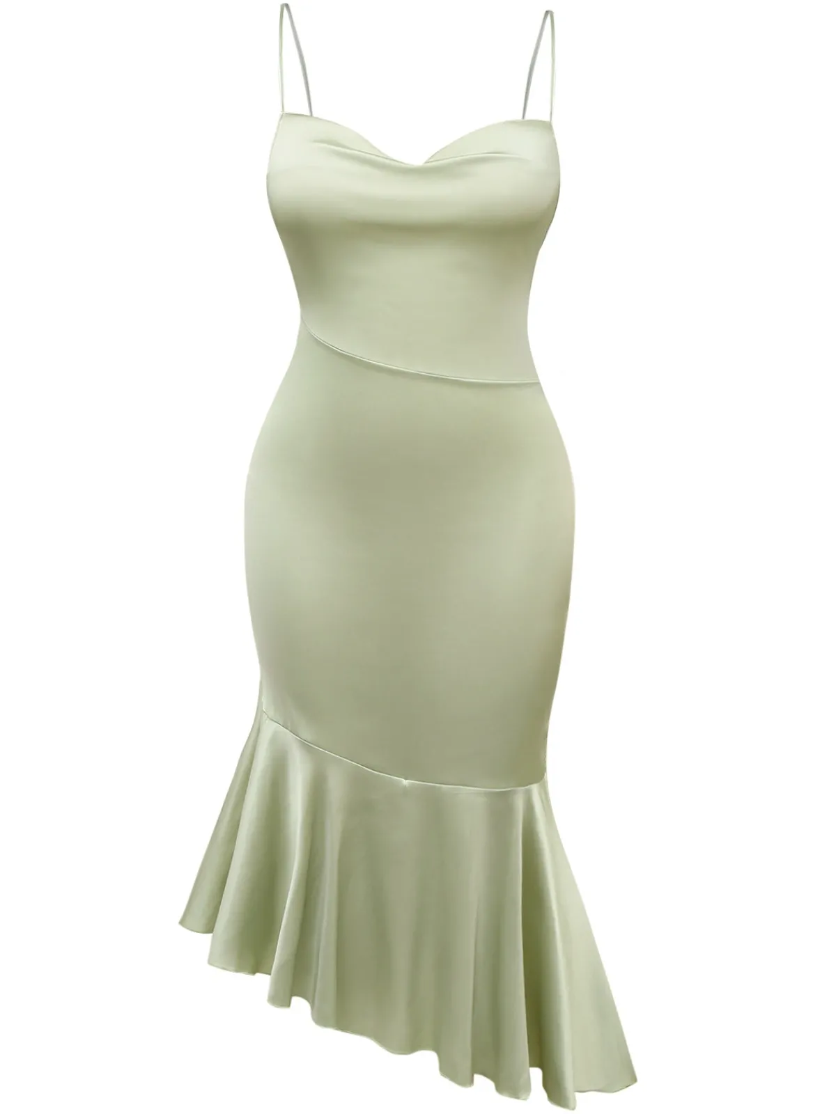 Discount Retro Stage Green 1930s Solid Cowl Neck Ruffled Mermaid Dress Pale Green