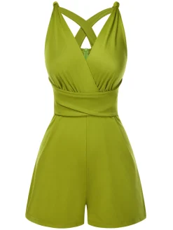 Clearance Retro Stage 1940s Solid Cross-Back Straps Romper Green