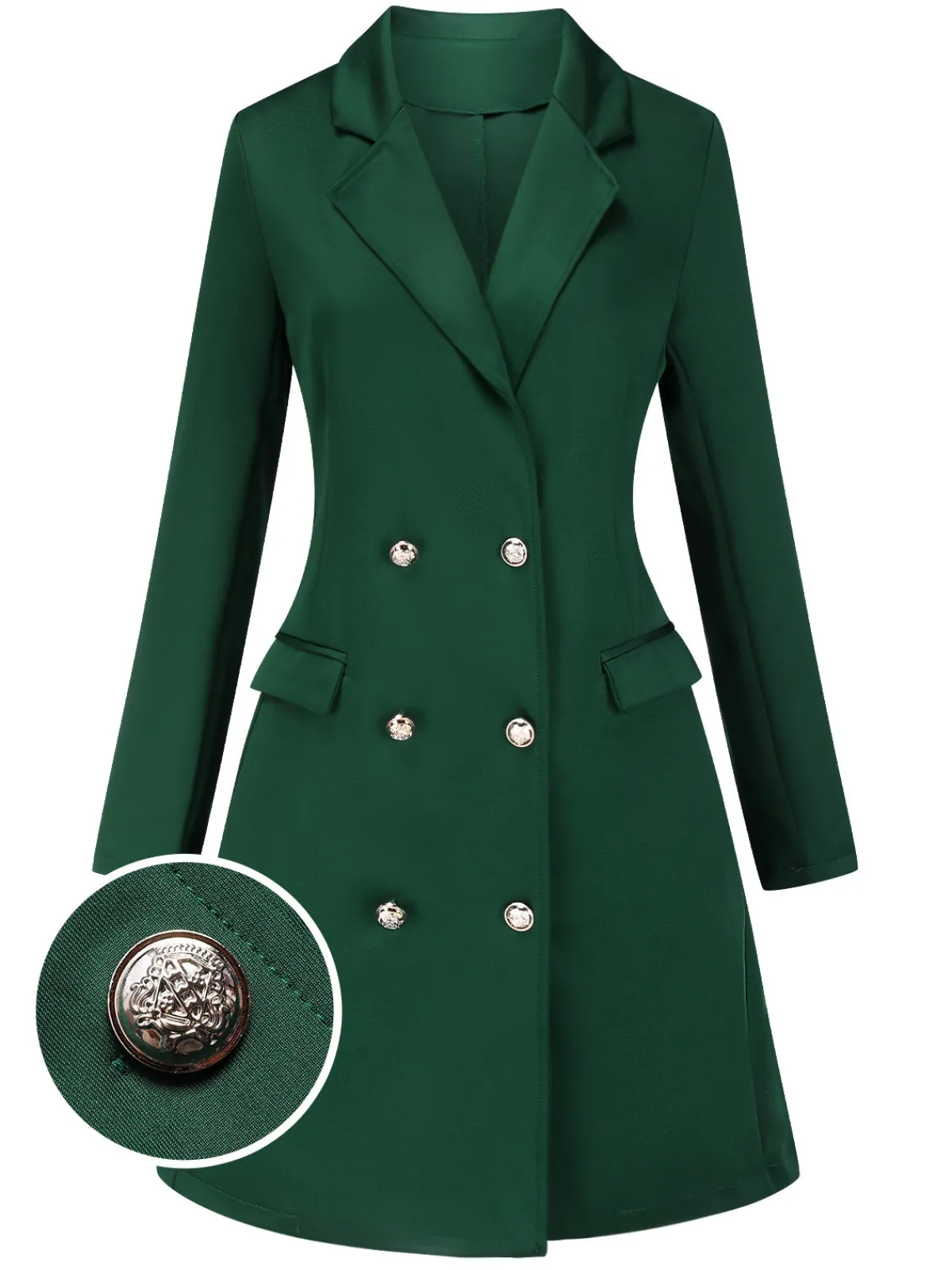 Online Retro Stage 1940s Solid Double-Breasted Coat Green