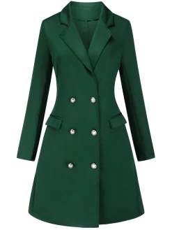 Online Retro Stage 1940s Solid Double-Breasted Coat Green