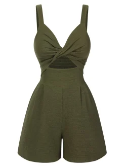 New Retro Stage Green 1940s Solid Hollow-Out Twisted Romper Dark Green