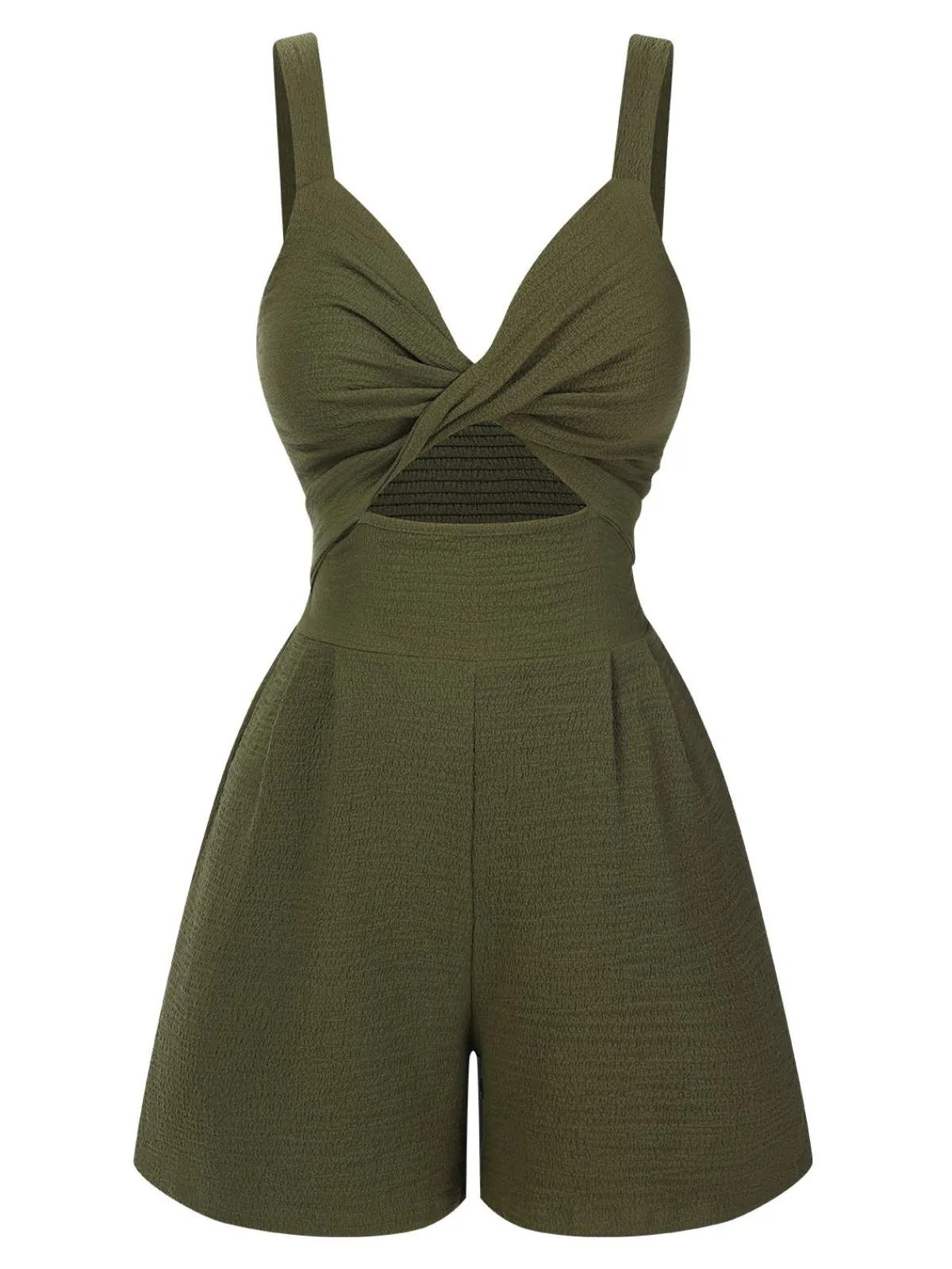 New Retro Stage Green 1940s Solid Hollow-Out Twisted Romper Dark Green