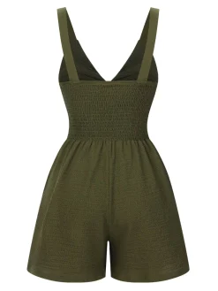 New Retro Stage Green 1940s Solid Hollow-Out Twisted Romper Dark Green