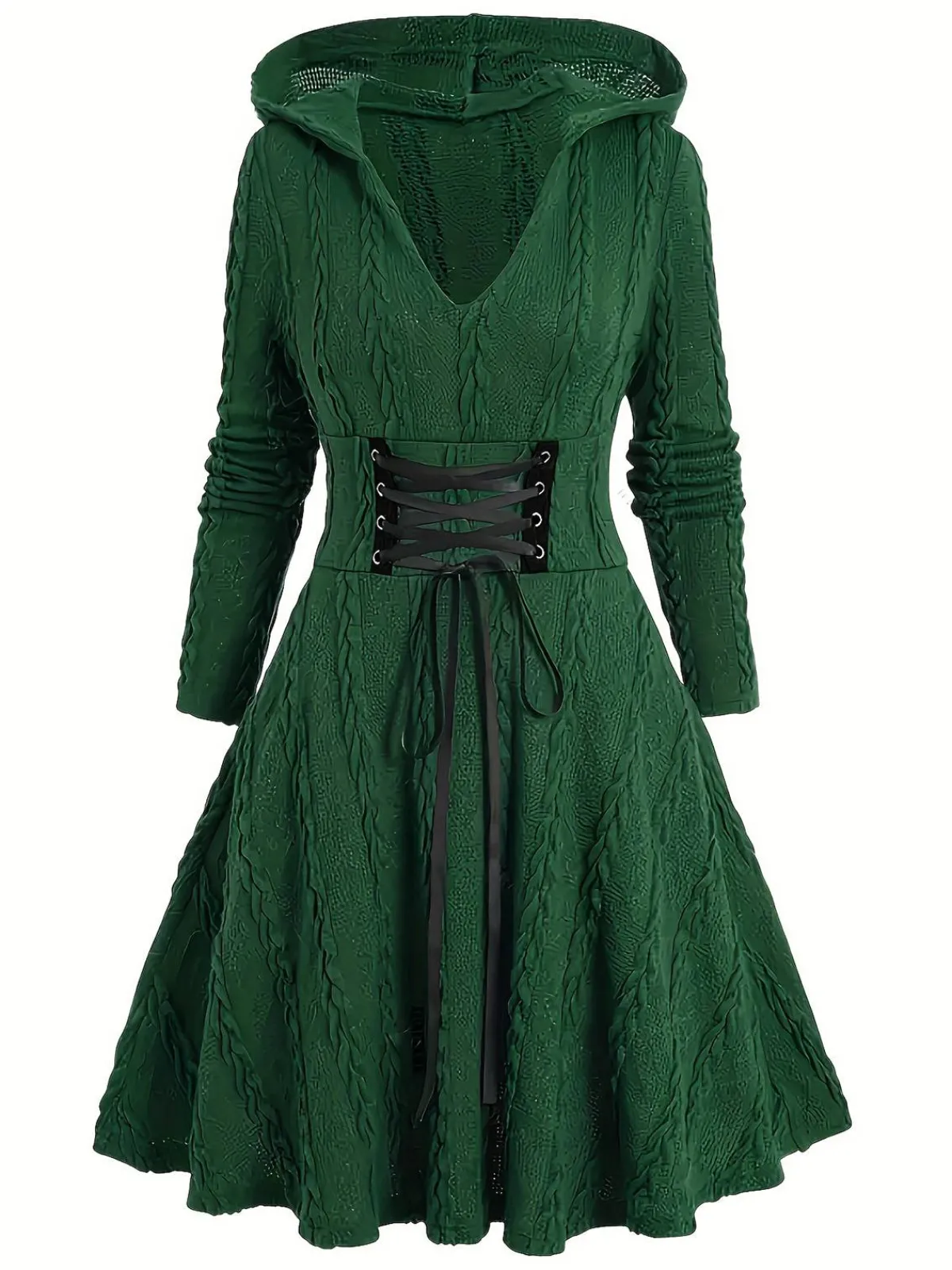 Best Retro Stage Green 1940s Solid Knitted Hooded Sweater Dress Dark Green