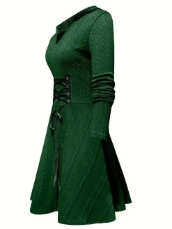 Best Retro Stage Green 1940s Solid Knitted Hooded Sweater Dress Dark Green
