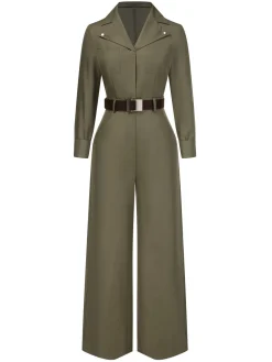 Online Retro Stage 1930s Solid Lapel Belted Jumpsuit Green