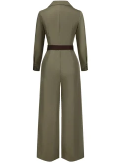 Online Retro Stage 1930s Solid Lapel Belted Jumpsuit Green