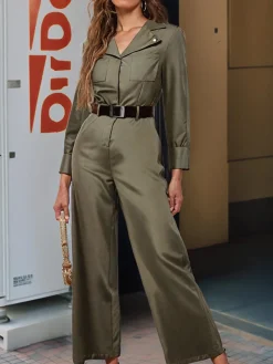 Online Retro Stage 1930s Solid Lapel Belted Jumpsuit Green