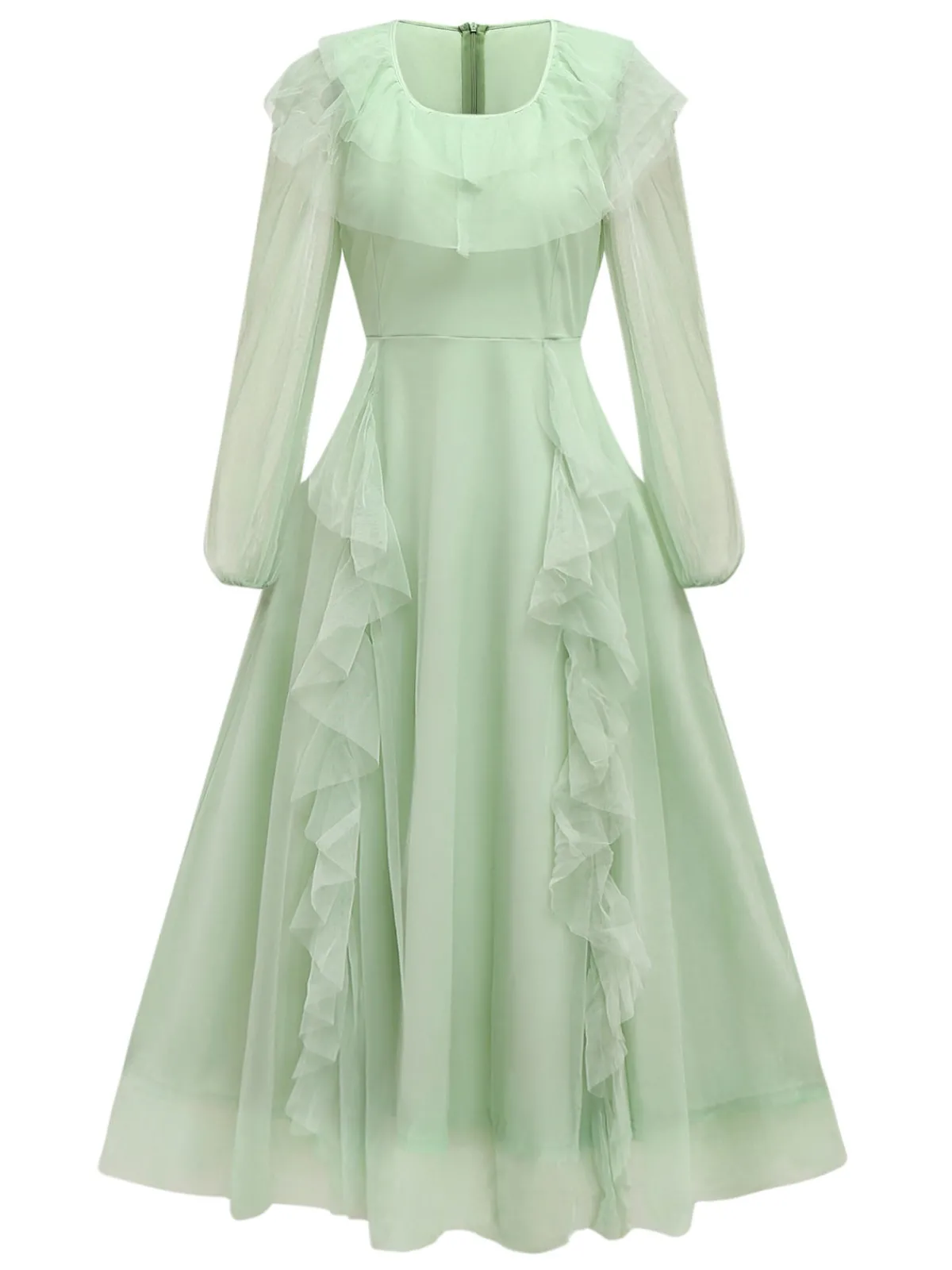 Best Retro Stage Green 1930s Solid Mesh Ruffled Illusion Sleeves Dress Pale Green