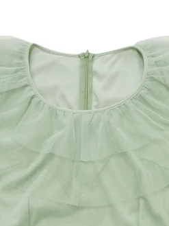 Best Retro Stage Green 1930s Solid Mesh Ruffled Illusion Sleeves Dress Pale Green