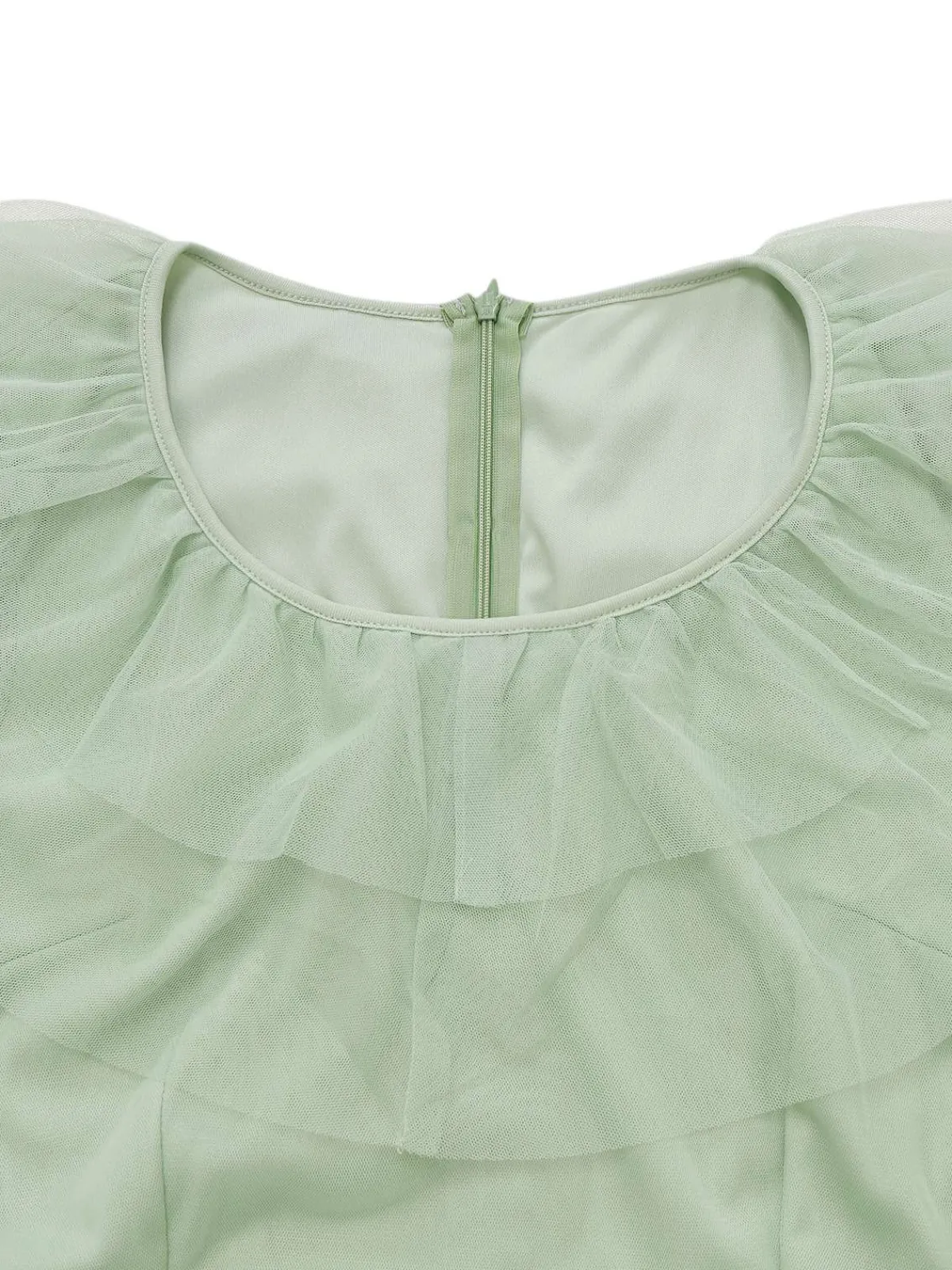 Best Retro Stage Green 1930s Solid Mesh Ruffled Illusion Sleeves Dress Pale Green
