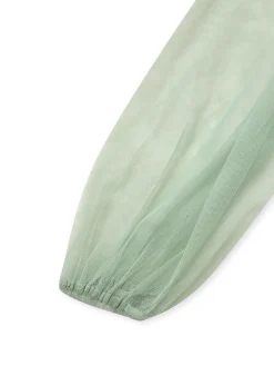Best Retro Stage Green 1930s Solid Mesh Ruffled Illusion Sleeves Dress Pale Green