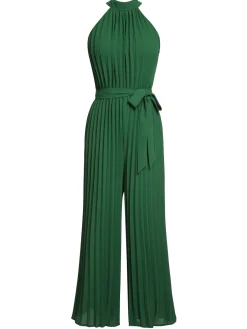 Fashion Retro Stage 1930s Solid Pleated Halter Jumpsuit Green