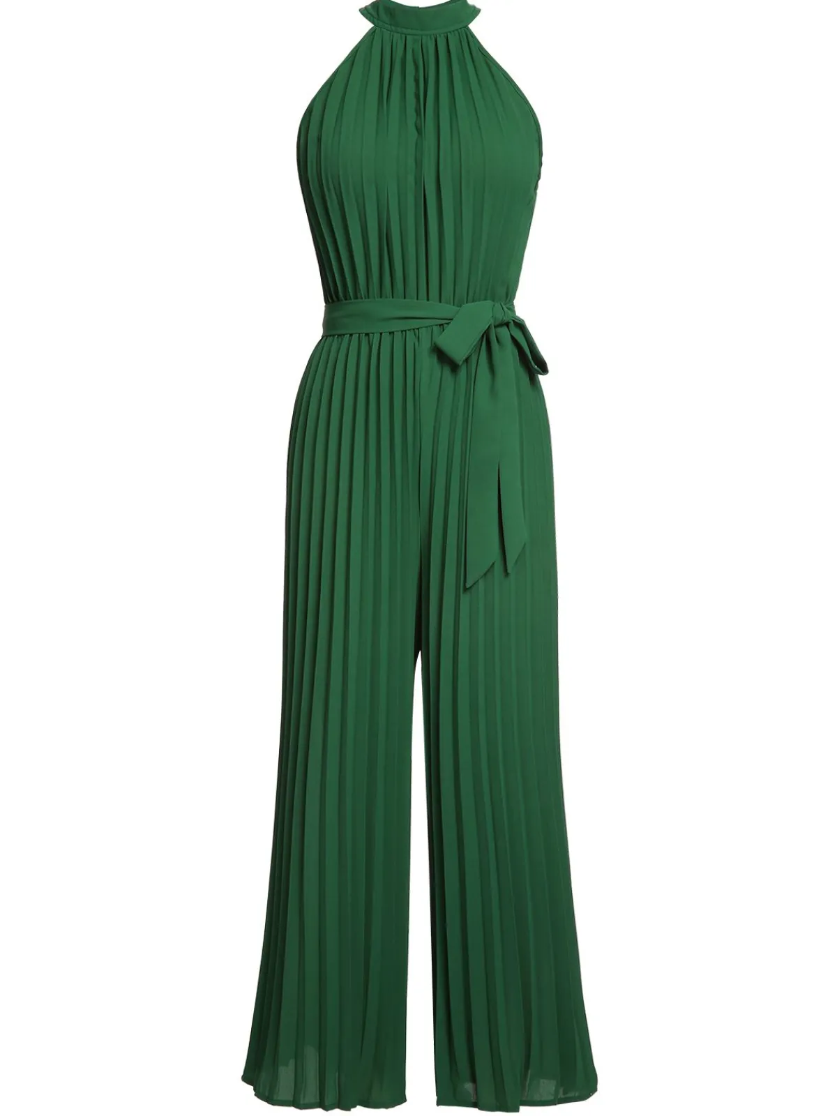 Fashion Retro Stage 1930s Solid Pleated Halter Jumpsuit Green