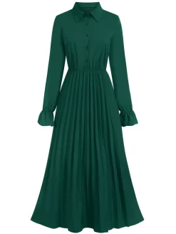 Hot Retro Stage 1940s Solid Pleated Shirt Collar Dress Green