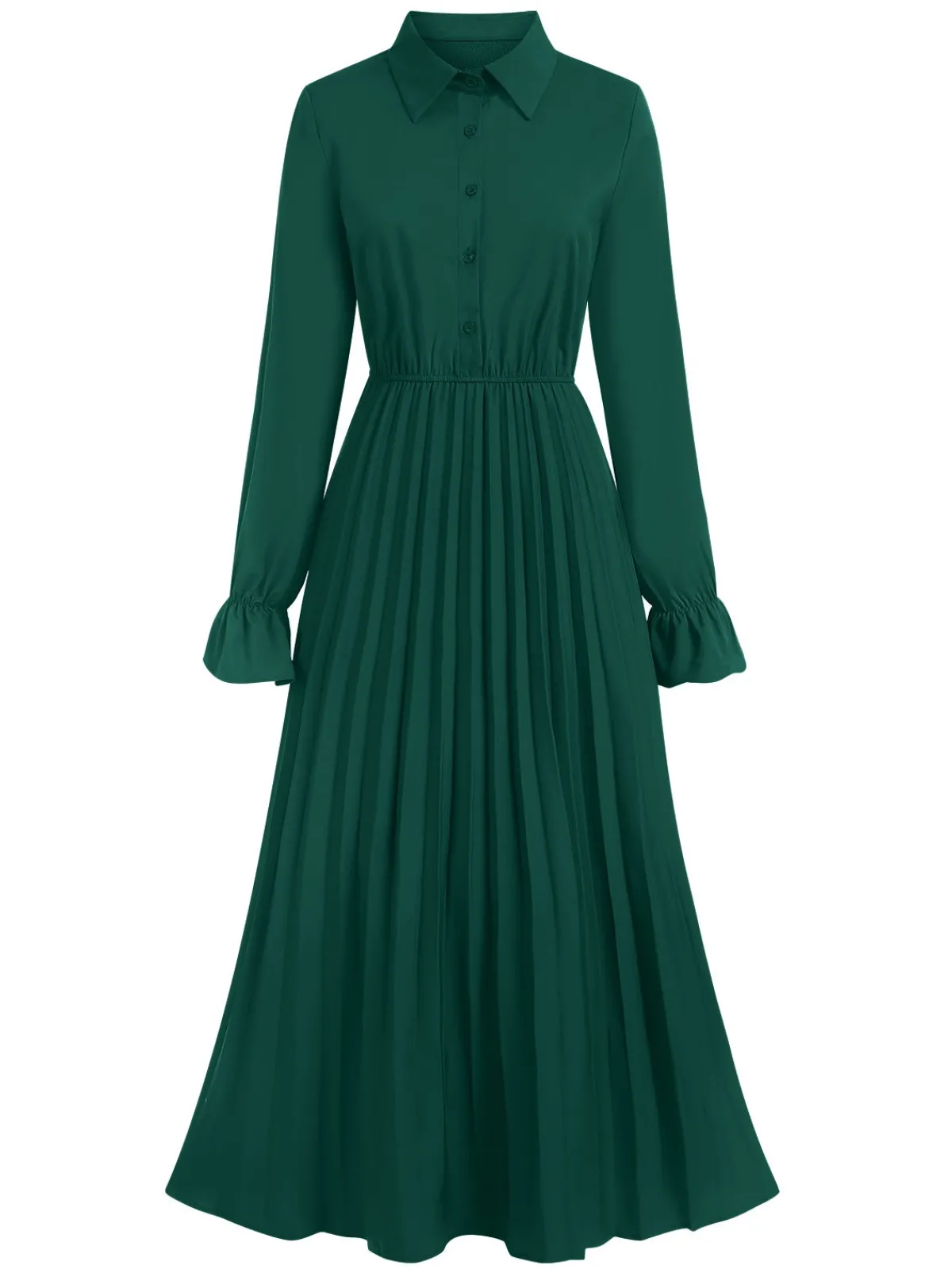 Hot Retro Stage 1940s Solid Pleated Shirt Collar Dress Green