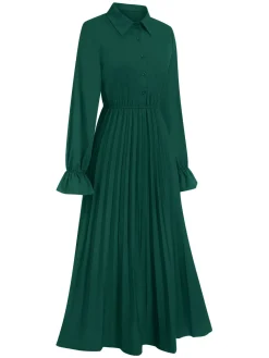 Hot Retro Stage 1940s Solid Pleated Shirt Collar Dress Green