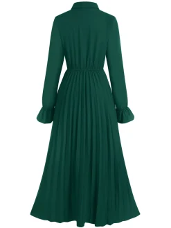 Hot Retro Stage 1940s Solid Pleated Shirt Collar Dress Green