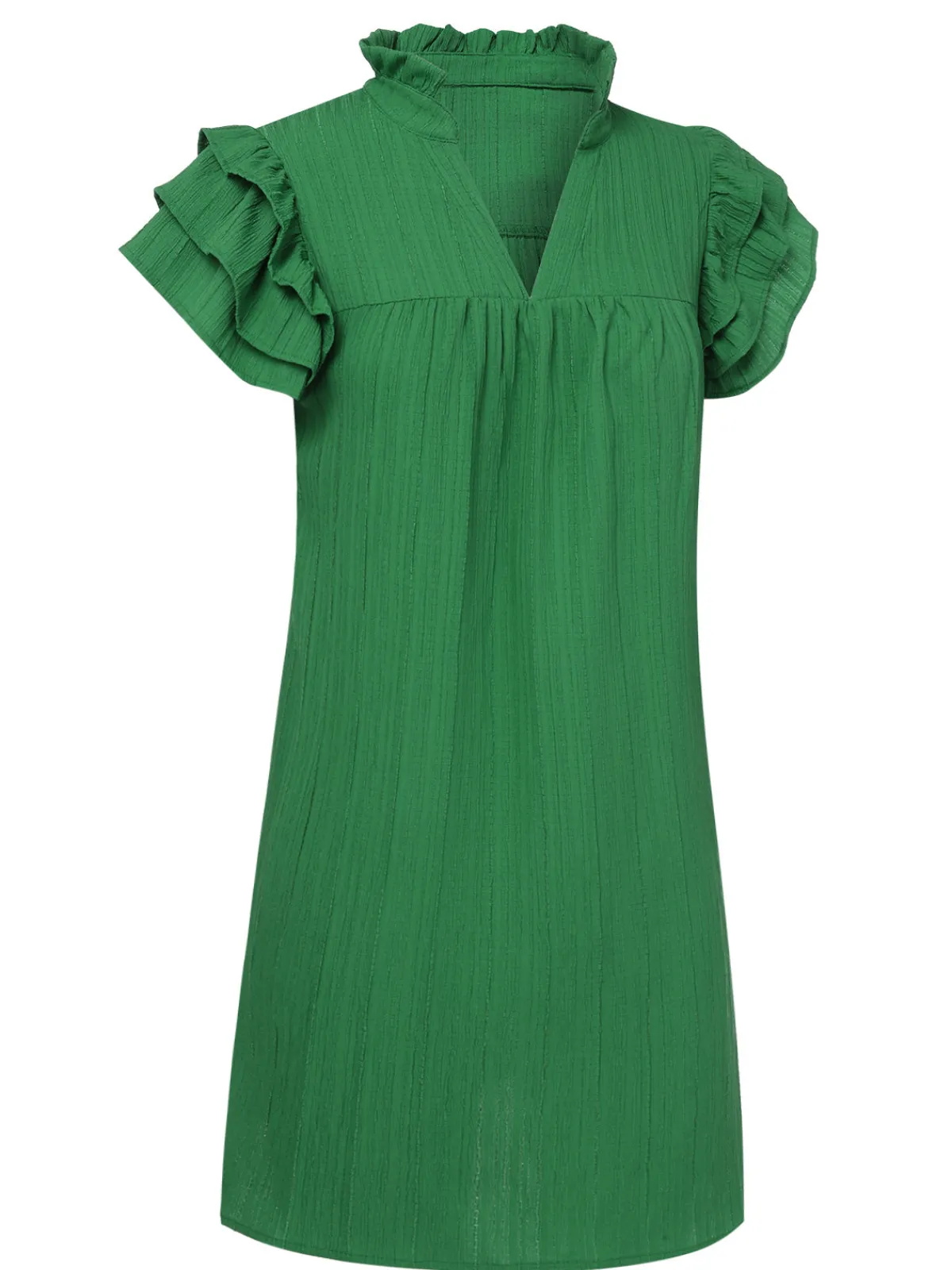 Clearance Retro Stage 1970s Solid Stand Collar Flounce Sleeve Dress Green