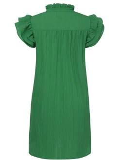 Clearance Retro Stage 1970s Solid Stand Collar Flounce Sleeve Dress Green
